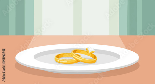 Two golden rings, one with a diamond, rest on a white plate illuminated by soft light