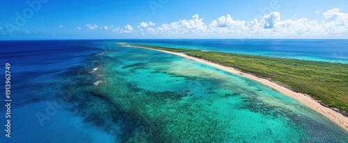 Aerial view of a tropical island with turquoise waters and a coral reef.
