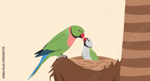 Two parrots, one adult and one chick, interacting in a nest with a tree trunk