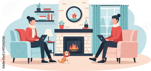 Two people and dog relax by fireplace, working on laptops