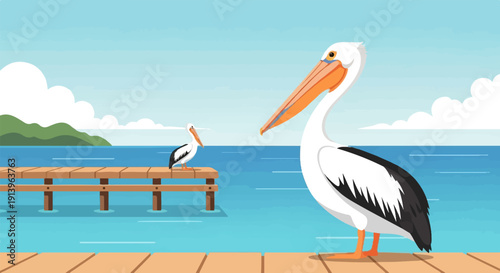 Two pelicans on a wooden dock by a calm blue ocean under a cloudy sky