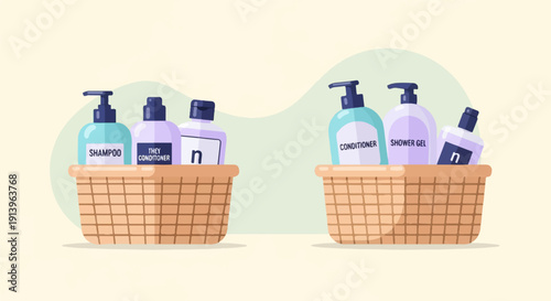 Two baskets brimming with colorful bottles of shampoo, conditioner, and shower gel