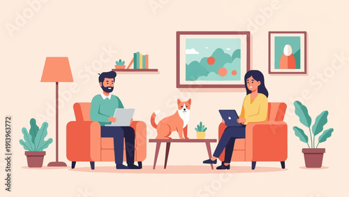 Two people and dog relax on couches with laptops