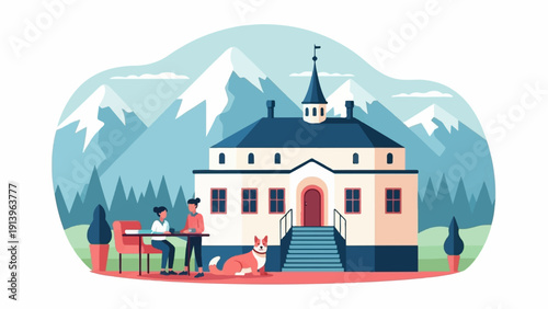 Two people and dog relax outside a grand house with mountains behind