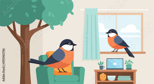 Two birds indoors near a window and a tree