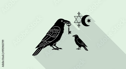 Two black ravens, one holding a key, with religious symbols in background