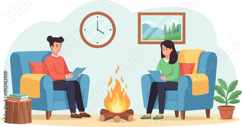 Two people reading by a cozy fireplace in an armchair