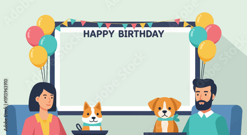 Two people and dogs celebrate a birthday with balloons and bunting