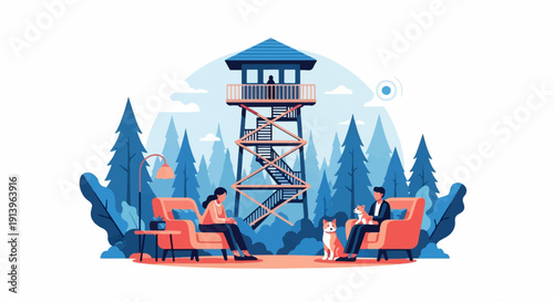 Two people and dogs sit in chairs by a tower in a forest