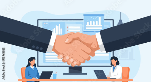 Two business people shaking hands over desks with laptops and charts