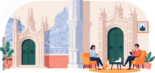 Two people and pets relax in a room with ornate doors and tiled walls