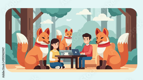 Two people and four foxes enjoying a woodland setting with a laptop