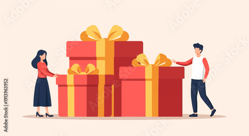 Two people and stacked red gift boxes with yellow ribbons