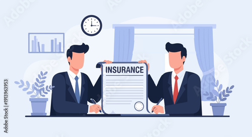 Two businessmen signing an insurance contract in office