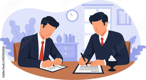Two businessmen in suits signing contracts at a desk with a clock on the wall