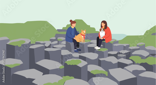 Two people and dogs sit on hexagonal rocks in a scenic, green landscape