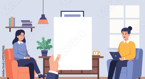 Two people in a room with a whiteboard being held up