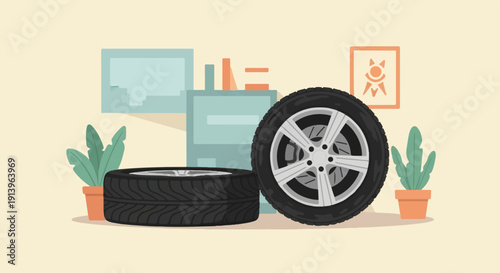Two car tires and wheels are placed on a floor with plants