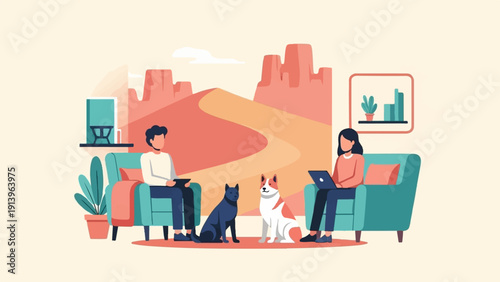 Two people and their dogs relax in a modern living room with desert landscape