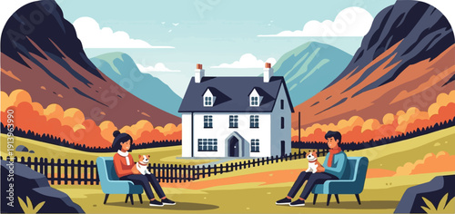 Two people and their dogs relax outside a countryside house in autumn