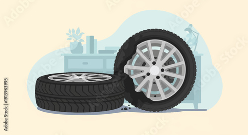 Two car tires displayed on a light colored background, one flat