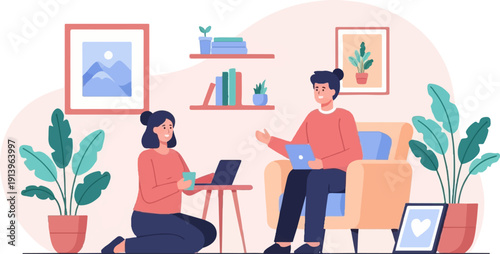 Two people in a room with laptops, plants, and art