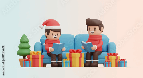 Two cartoon boys wearing winter clothes on a couch with gifts and a Christmas tree