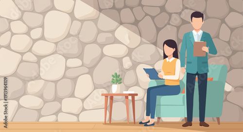 Two people in a waiting room with a stone wall background