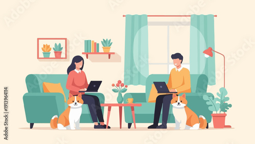 Two people and two dogs work on laptops in a cozy living room