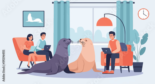 Two people and two seals relaxing in a modern living room