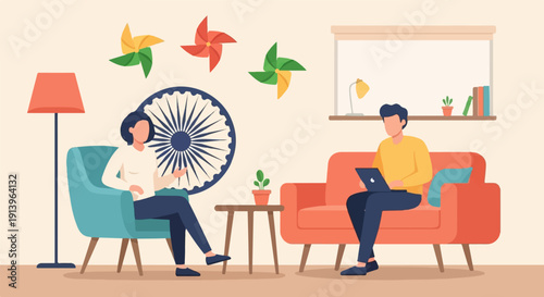 Two people in an indoor setting with Indian symbolism and vibrant decor