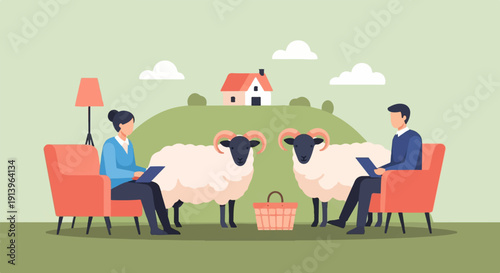 Two people and two sheep in a field with a house in the background