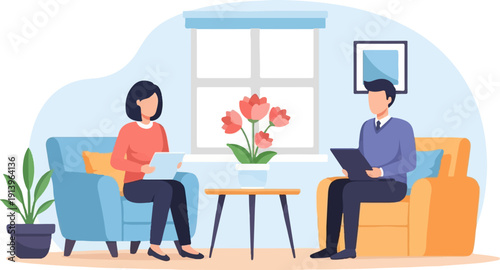 Two people in an indoor setting with a window, flowers, and furniture, engaged in conversation