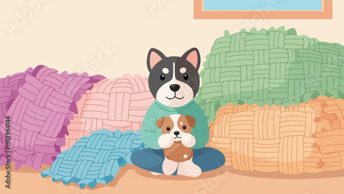Two cartoon dogs sit together surrounded by large, colorful yarn balls