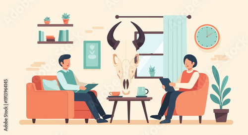 Two people in an office, one a therapist, the other a client