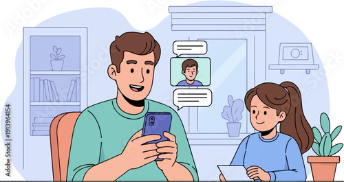 Two people are chatting on their phones while sitting indoors at a desk