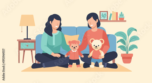Two people and two teddy bears sit on floor in a room