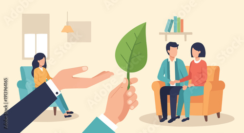 Two hands offer a green leaf to a couple on a sofa in a room