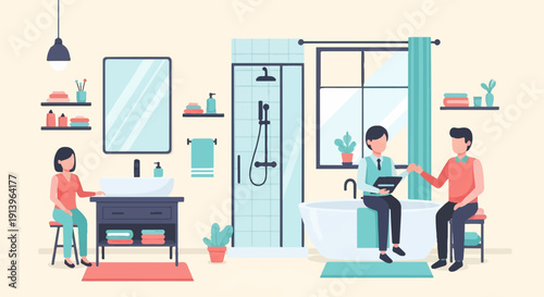 Two people are discussing something in a modern bathroom setting