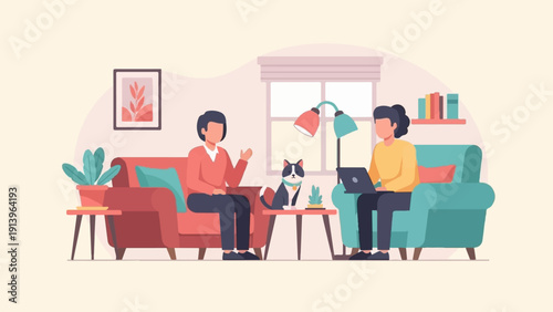 Two people and a cat in a living room, one with a laptop