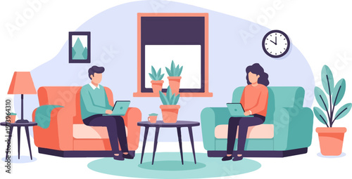 Two people are sitting on sofas, working on their laptops in a cozy living room