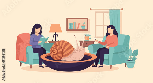 Two people in armchairs with a large snail in a bowl