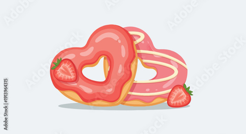 Two heart-shaped strawberry donuts, one decorated with icing swirls
