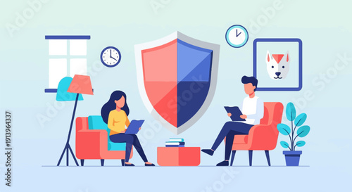 Two people in armchairs with a shield between them, a dog portrait on wall