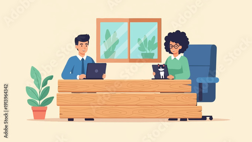 Two people are working at wooden desks with laptops and plants