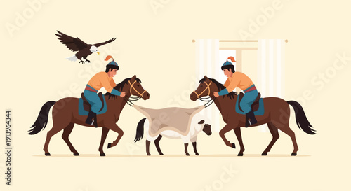 Two horse riders hold a sheep with a blanket between them, eagle flies