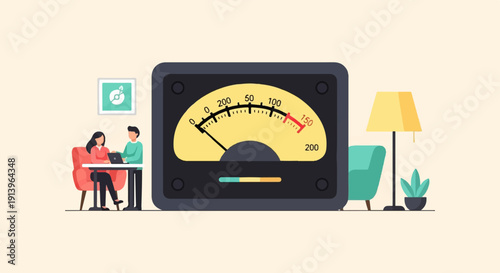 Two people are working on a laptop next to a large meter in a room