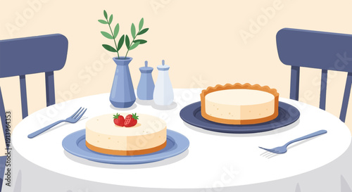 Two cheesecakes with strawberries on a table with forks and chairs