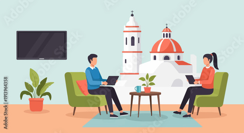 Two people in armchairs with laptops, TV and building in background