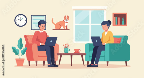 Two people and a cat work on laptops in a cozy living room